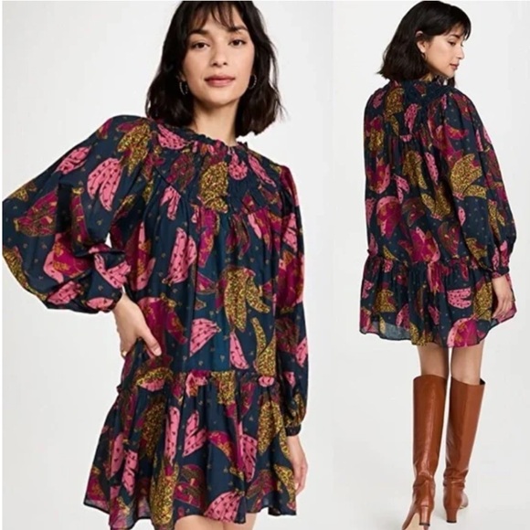 FARM Rio Dresses & Skirts - FARM Rio 100% Cotton Mini Doll Dress Size M Pink Blue Floral Long Sleeve Bananas